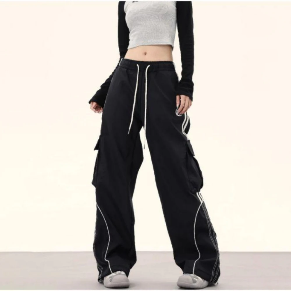 Retro Sweatpants Oversized Baggy Pants Trendy Women‘s Striped High Waist Pockets Wide Leg Pants High Street Vintage Y2K Trousers