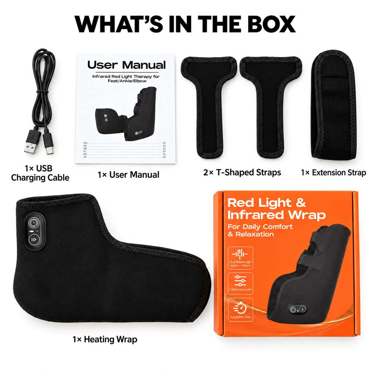 2 in 1 Heated Ankle and Elbow Wrap with Red LED Light Electric Foot Warmer Adjustable Fit 3 Temperature Levels and 3 Timer Modes