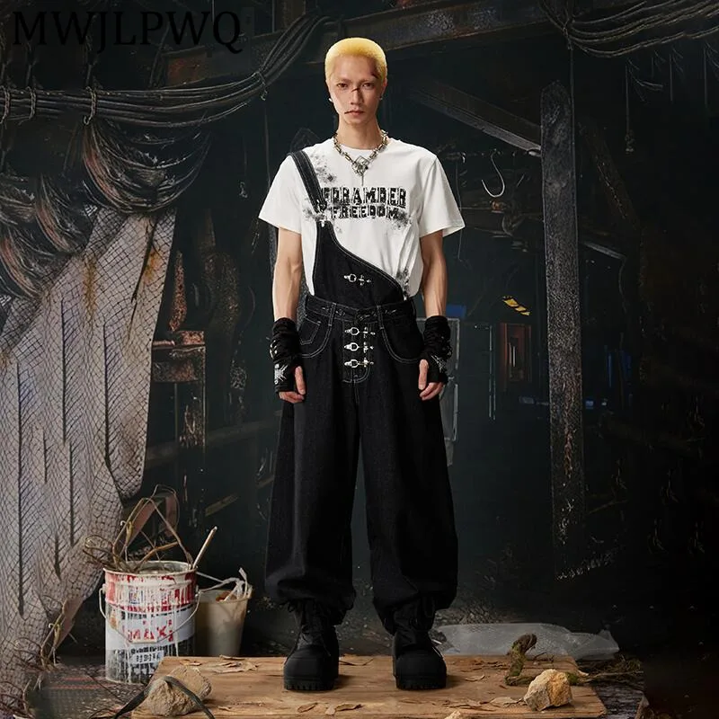 

MWJLPWQ Men's New Detachable Three-Way Wear Denim Overalls Ins American Street Style Metal Button Design Niched Jeans 14886