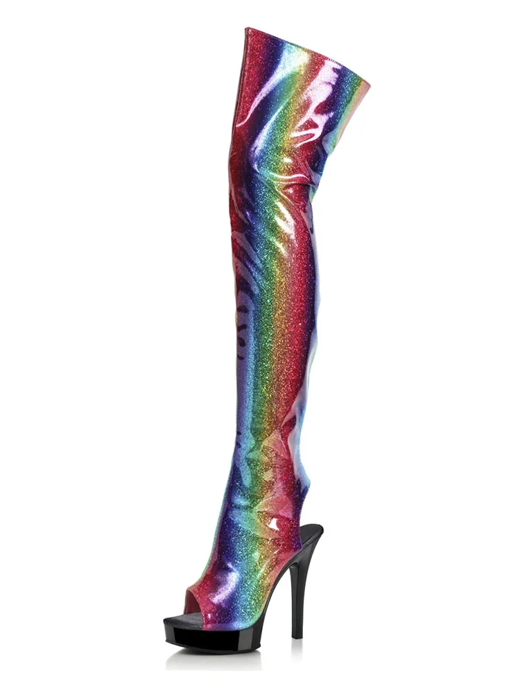 Sexy Fetish Rainbow Boots Open Toe Strips Nightclub Pole Dance Exotic Thin Heels 5Inch Platform Women 8Inch Over The Knee Boots