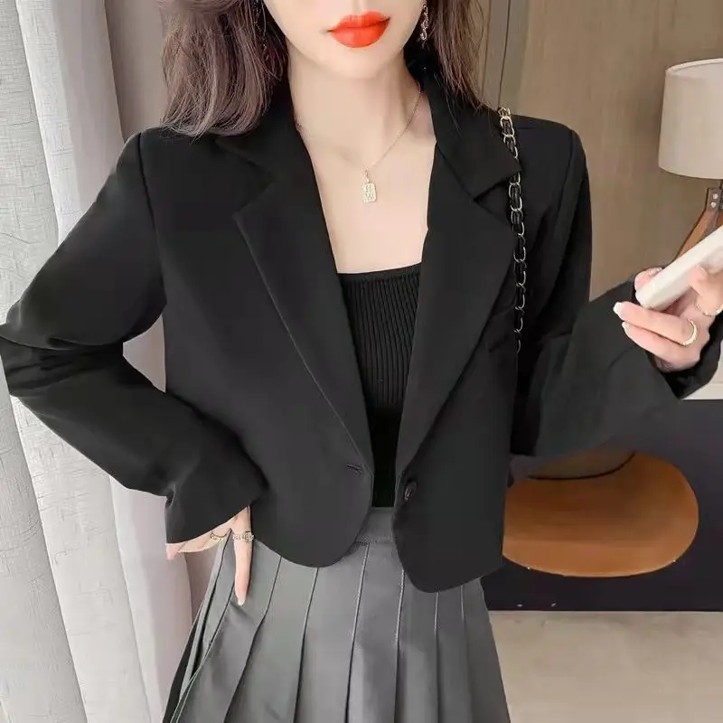 Jaket blazer crop Fashion Korea wanita, Blazer kantor lengan panjang warna Solid kancing tunggal setelan pendek mantel baru