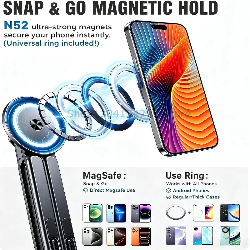 Portable Magnetic Phone Holder & Selfie Stick 3-in-1 Foldable Tripod Stand for IPhone IPad Tablet Laptop Desktop Use