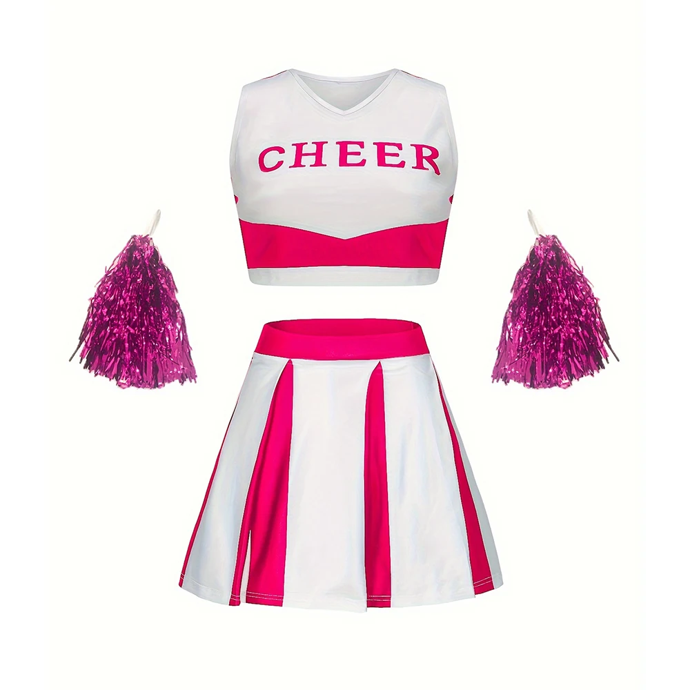 Kids Girls Cheerleading Dance Costume Sleeveless V Neckline Letters Printed Flower Balls Uniform Stand Collar Cheerleader Outfit