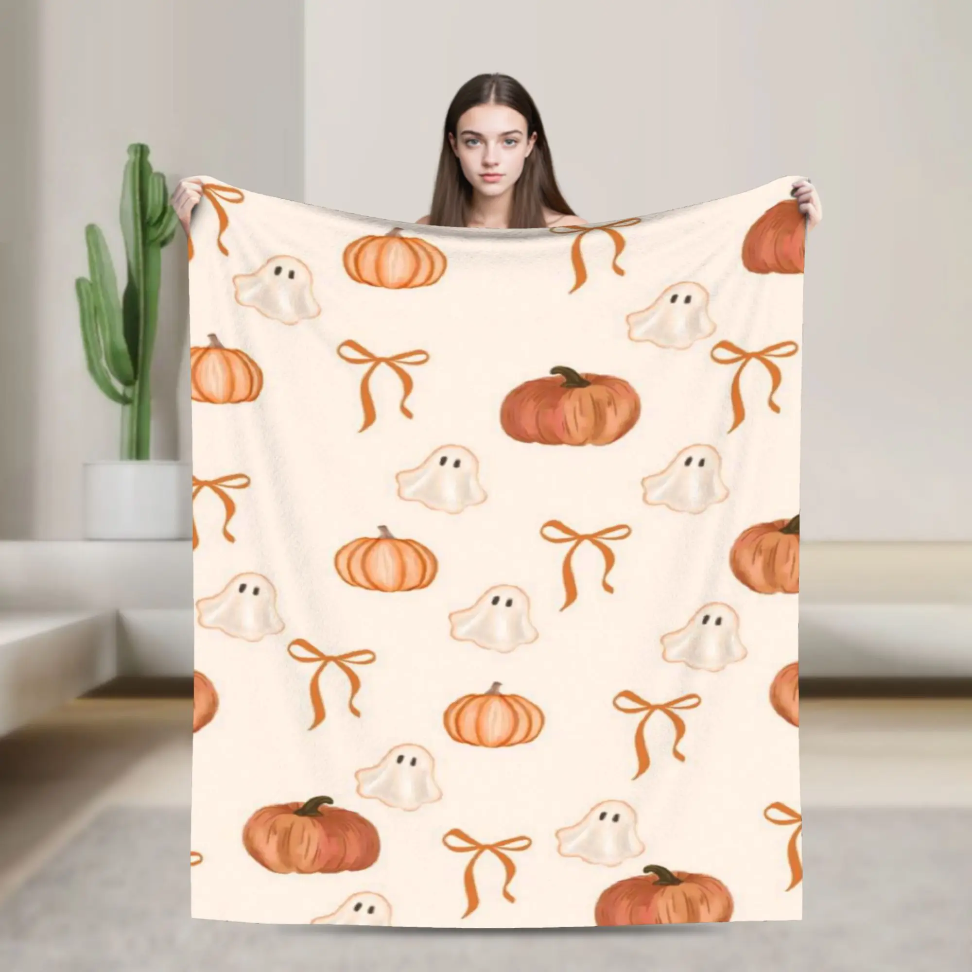 Soft Warm BlanketKids Adult Travel Watercolor Pumpkin Patch Halloween Throw Blanket  Flannel Aesthetic Sofa Bed Cover