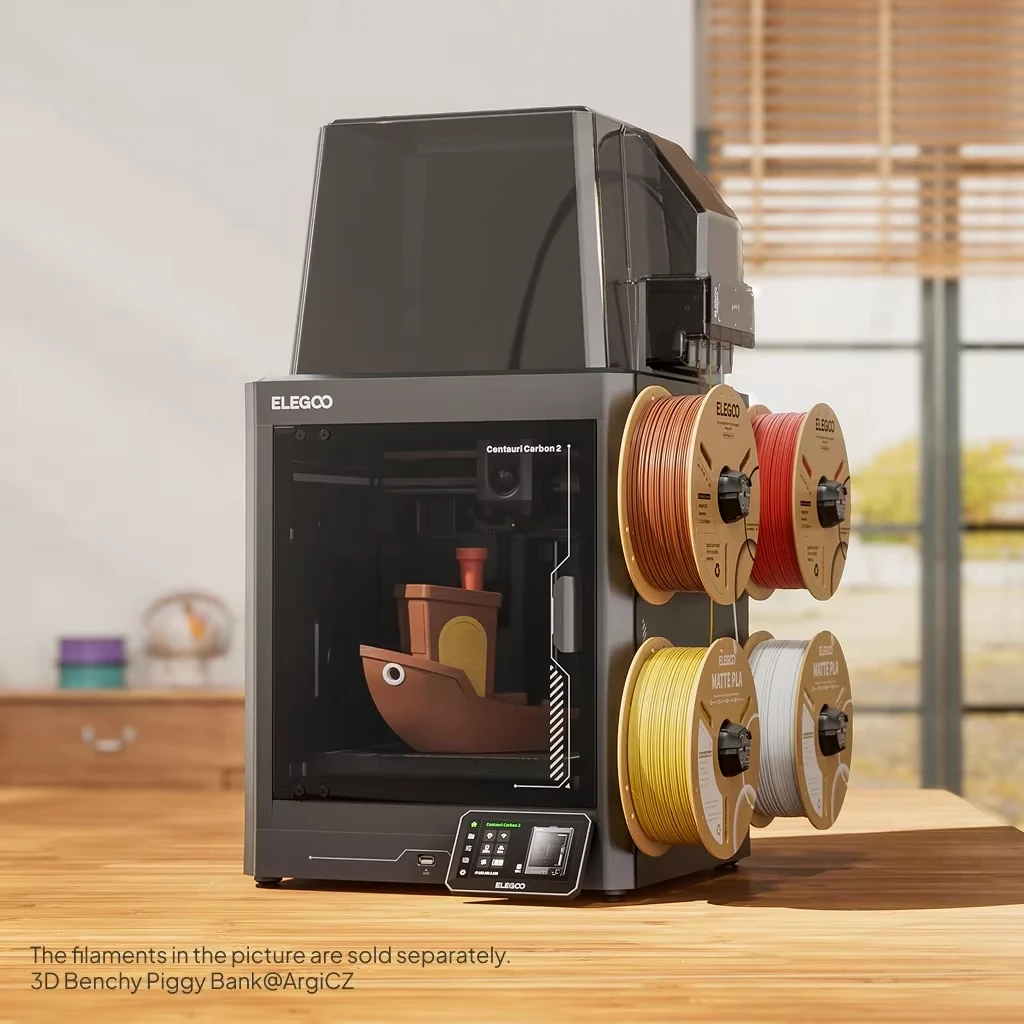 ELEGOO Centauri Carbon 2 Combo 3D-printer, met meerdere kleuren en een maximale printsnelheid van 500 mm/s, 4-kleurenprinten met CANVAS, printvolume 256x256x256 mm.