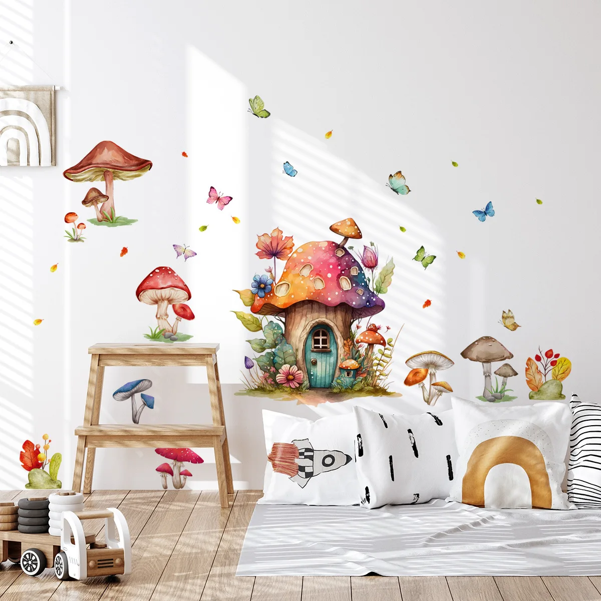 2pcs Watercolor Wind Cartoon Forest Mushroom House Mushroom Wall Sticker Children's Bedroom Decorative Mural Wallpaper Ms572