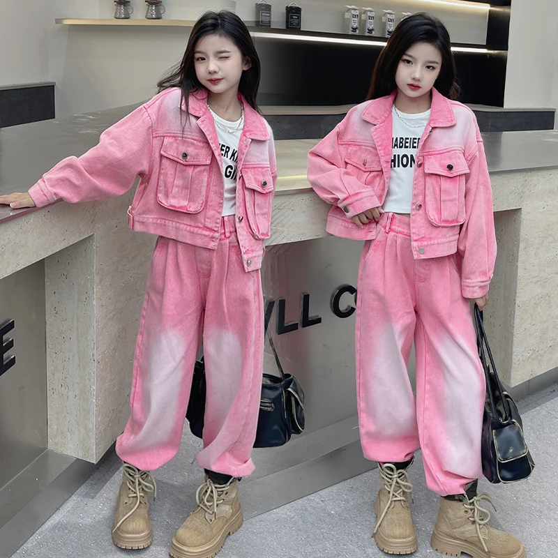 teenage girls pink Cowboy clothes set Short denim jacket+Gradient wide leg jeans 2pcs junior kids suit child outfits conjunto 14