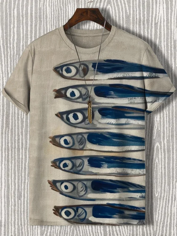 

Men's Retro Sardines Art Print Casual T-Shirt Vintage Short Sleeve O-neck Holiday Tops Oversized Thin All-match Harajuku Clothes