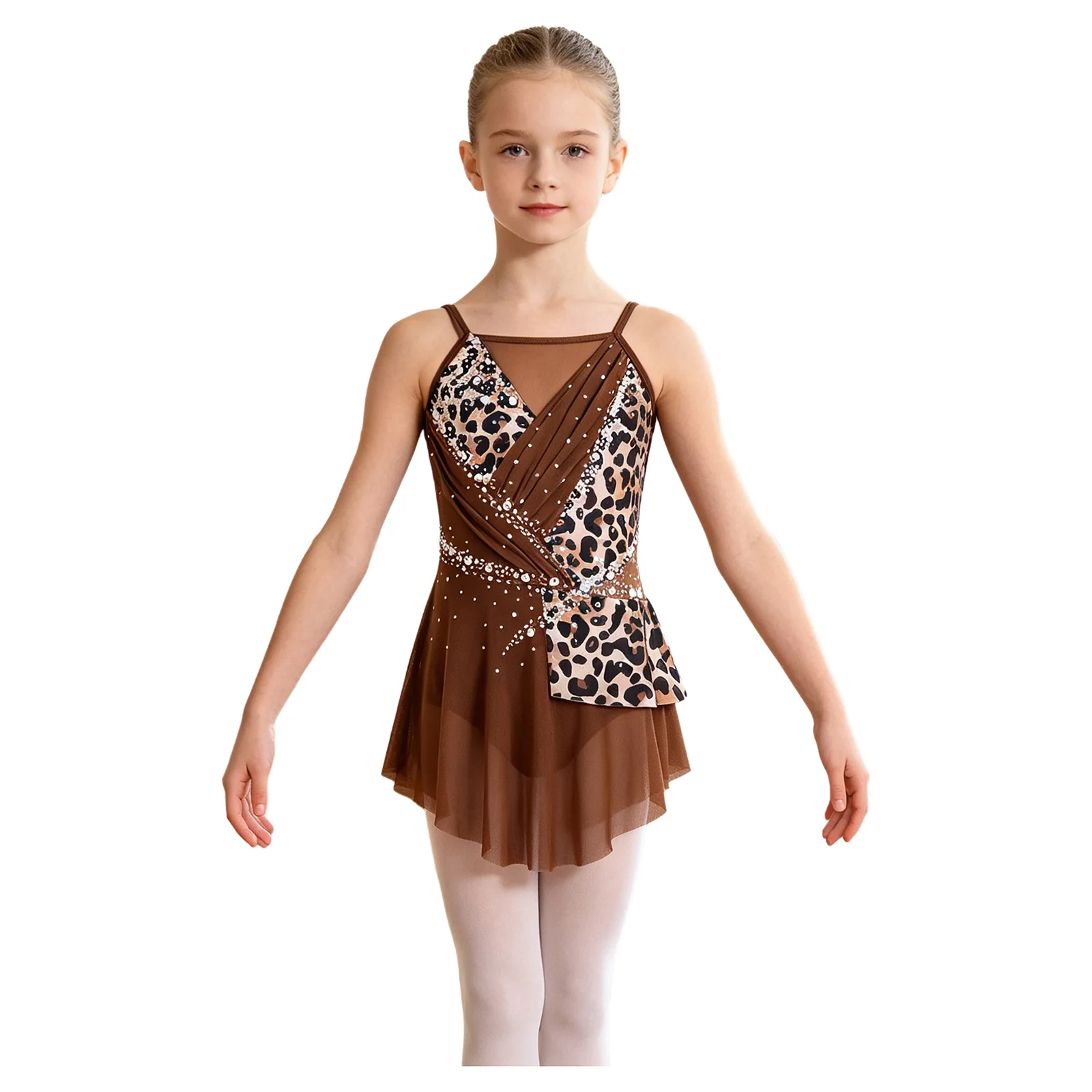 Kids Girls Figure Skating Bodysuit Adjustable Spaghetti Straps Sleeveless Rhinestones Leotard Dress for Gymnastics Competition