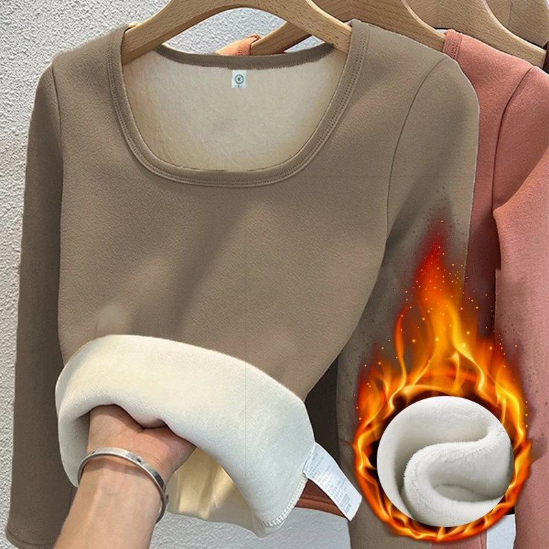 Women\'s Solid Color Thermal Underwear Square Collar Fleece Basic Pullover Long Sleeve Top Fashion Shirt Winter Clothes