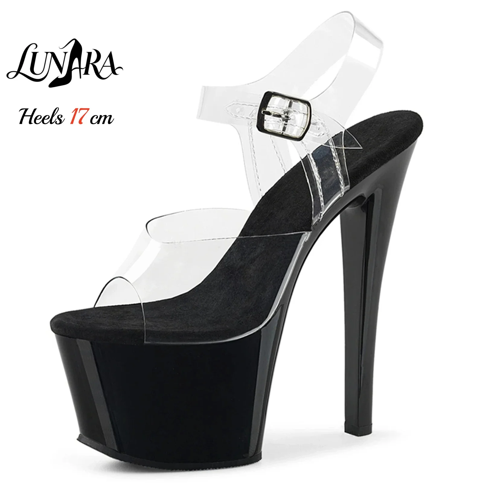 Sandales à plateforme transparentes de 17 cm/7 pouces, noires, à bout ouvert, avec boucle réglable, antidérapantes, sexy, pour la scène, la boîte de nuit, la pole dance