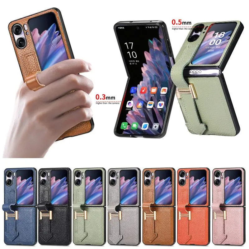 

Solid Color Genuine Leather Flip Cover For OPPO Find N2 Flip Full Protection Shockproof Anti-Drop Back Wrist Strap Phone Case