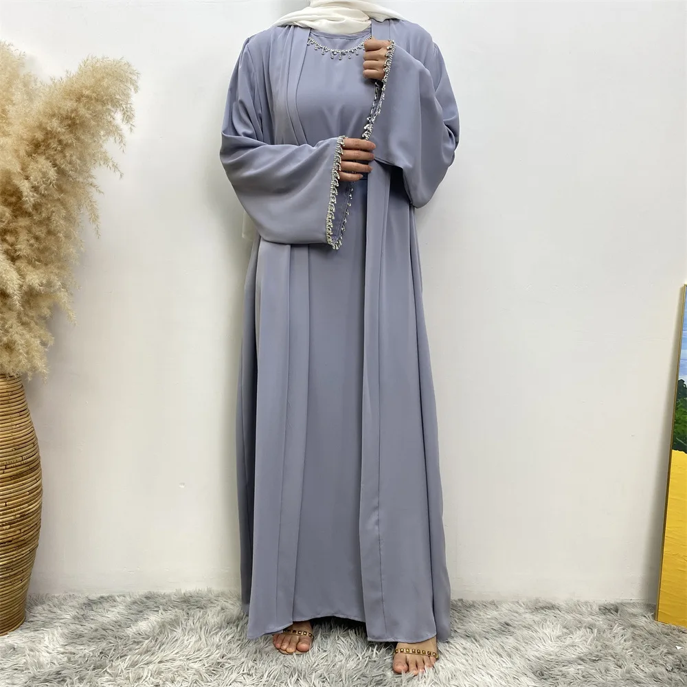 Dubai Abayas Muslim Set Sleeveless Sundress and Muslim Cardigan Long Robes Two-piece Muslim Open Abaya for Women Cardigan Dress