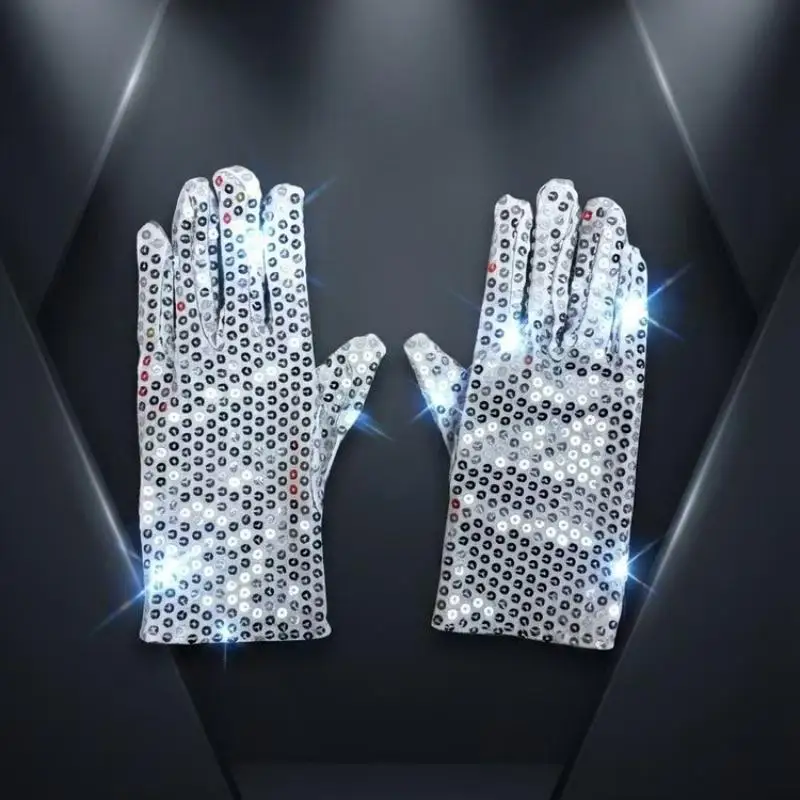 1 Paar glitzernde Tanzkostüm-Accessoires, silberfarbene, glänzende Netzhandschuhe für Bühnenauftritte, Partys, Halloween-Kostüme, Cosplay, Damen. – Detail 2