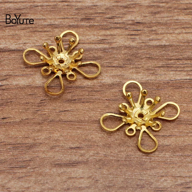 BoYuTe-Duas Camadas de Bronze Flower Bead Caps, Acessórios de Jóias DIY, materiais artesanais, 14mm, 100 Pcs por lote