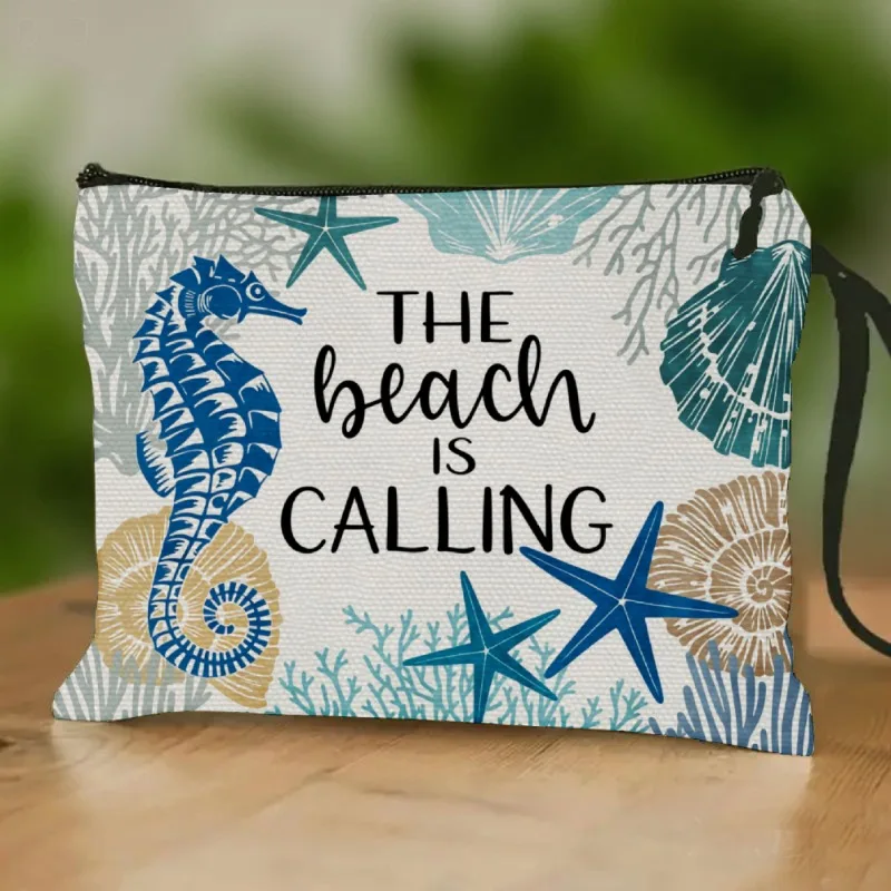 Trendy Pouch with a Wrist Strap, Perfect for The Beach, Adorned with Designs of Seahorses, Starfish, And Shells. an Ideal Makeup
