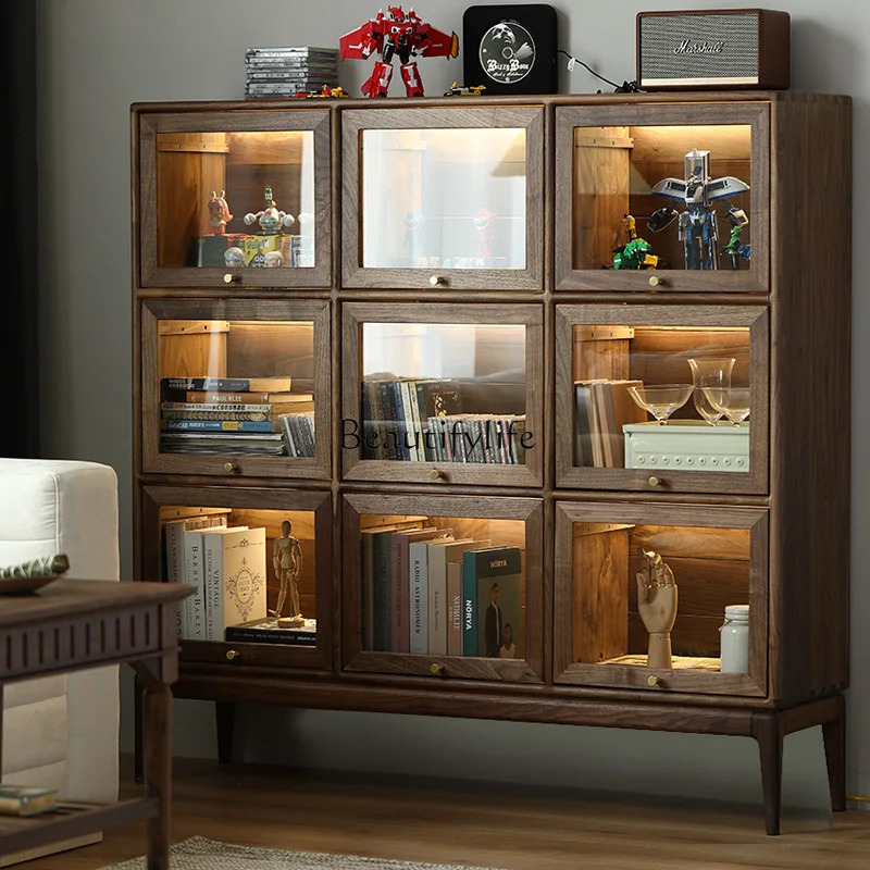 Solid Wood Bookcase Living Room Glass Flip Door Combination Storage Black Walnut Rattan Sideboard Cabinet