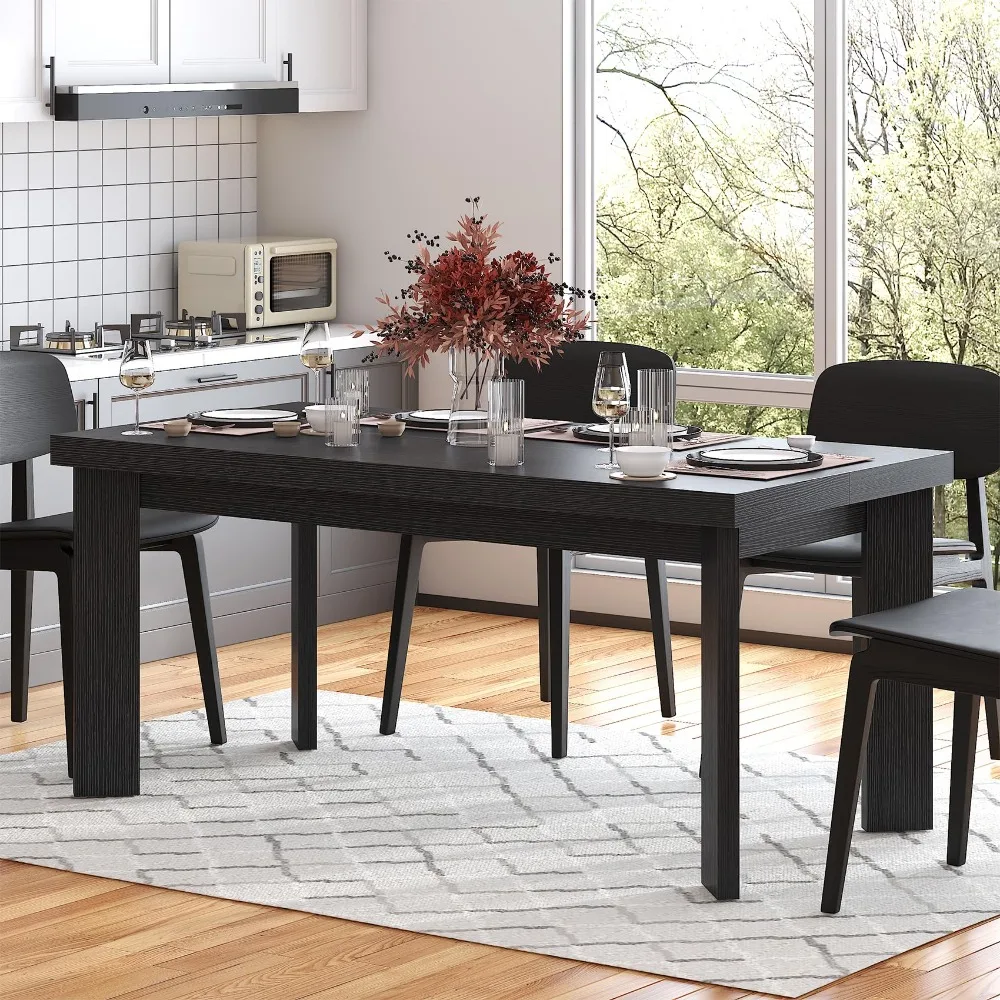 63 Inch Dining Table for 6, Indoor Outdoor Dining Table with Wood Legs, Kitchen Table with Large Tabletop, Rectangular
