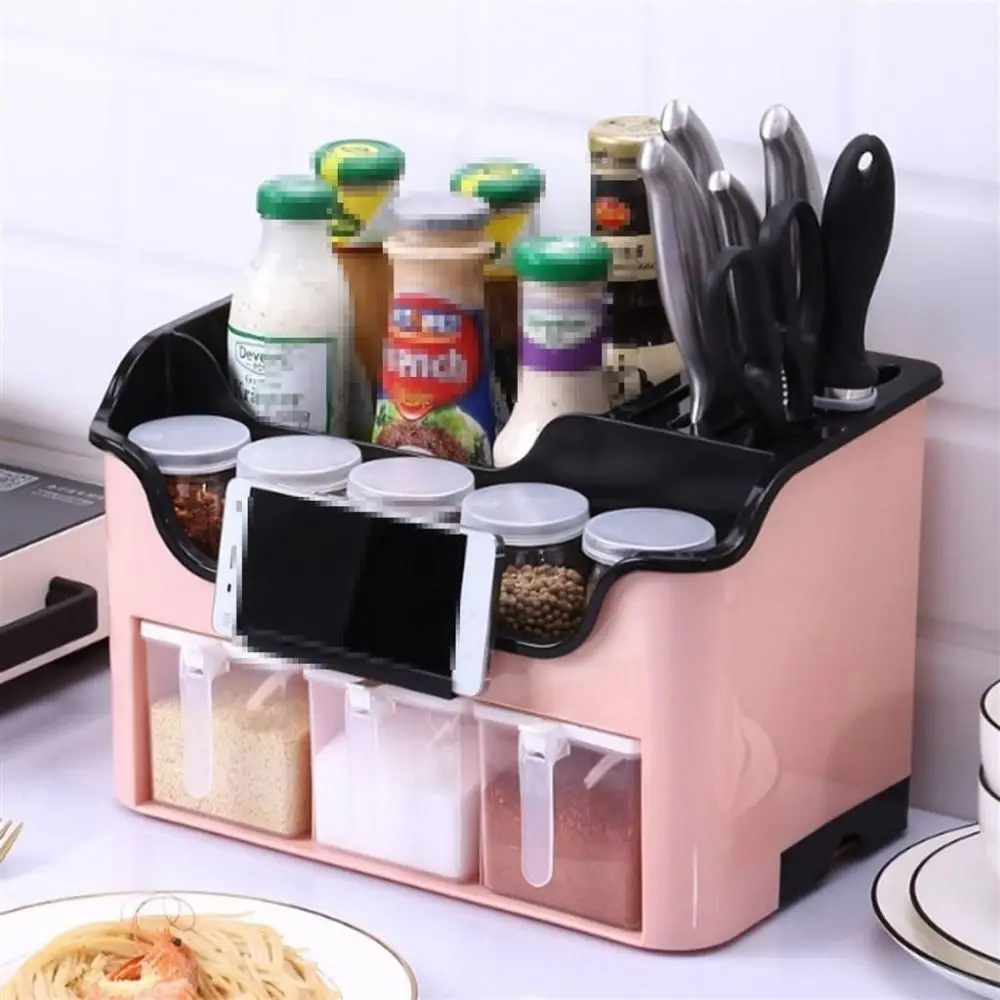 

Multi-functional Spice Rack Knives Holder Freestanding Spice Storage Shelf Durable Drain Tray Seasoning Box Combination Set