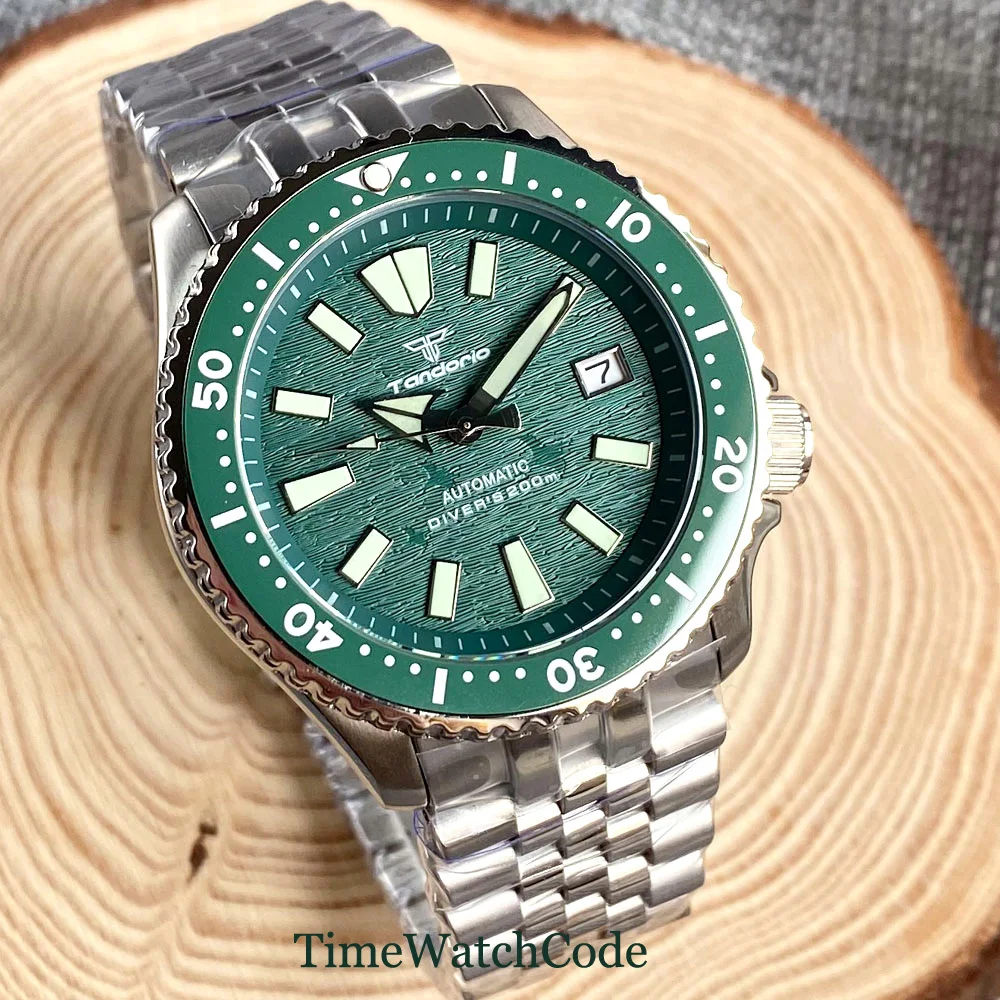 Tandorio Diver NH35 Automatic Men's Watch 41mm 200m Waterproof SKX Luminous Green Dial Auto Date Movement Sapphire Crystal