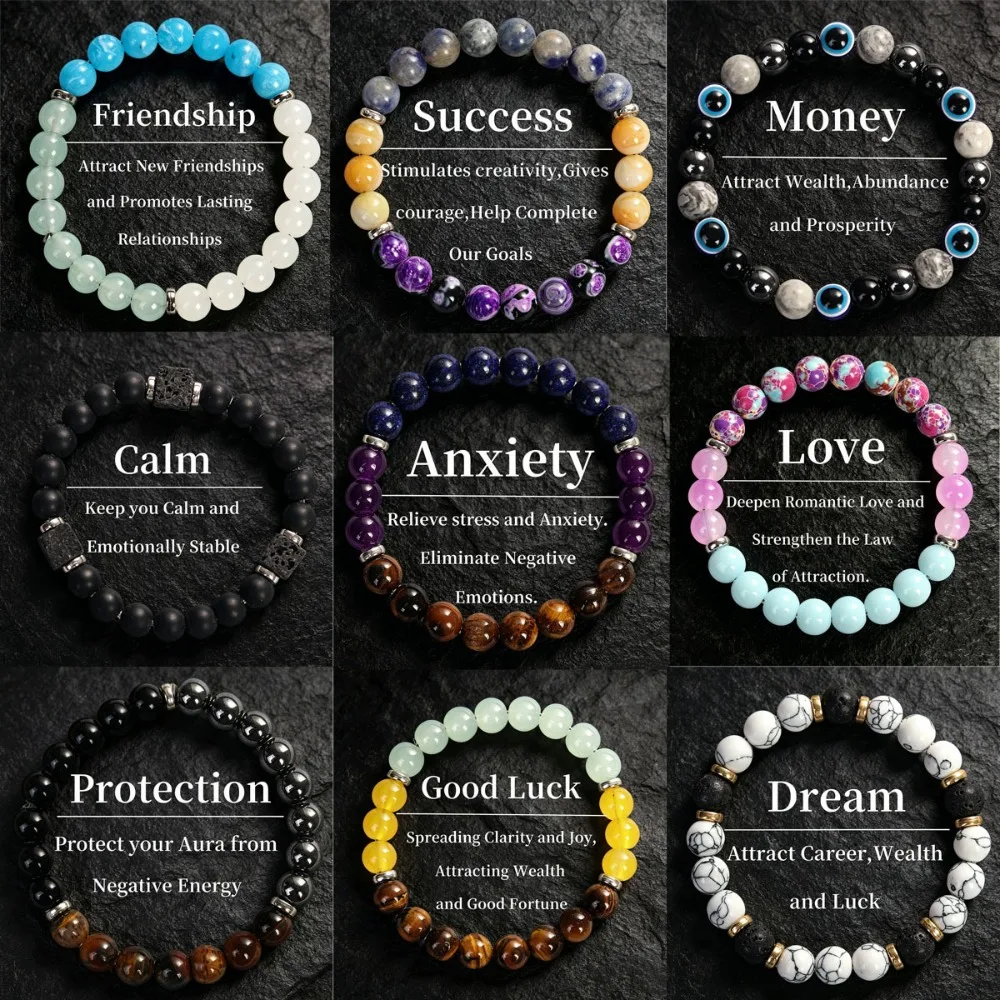 9pcs/lot 8mm Multi Design Three Kinds Crystal Mixed Stone Beaded Stretch Bracelets Set Popular Hot Sale Wrist Ornaments Unisex