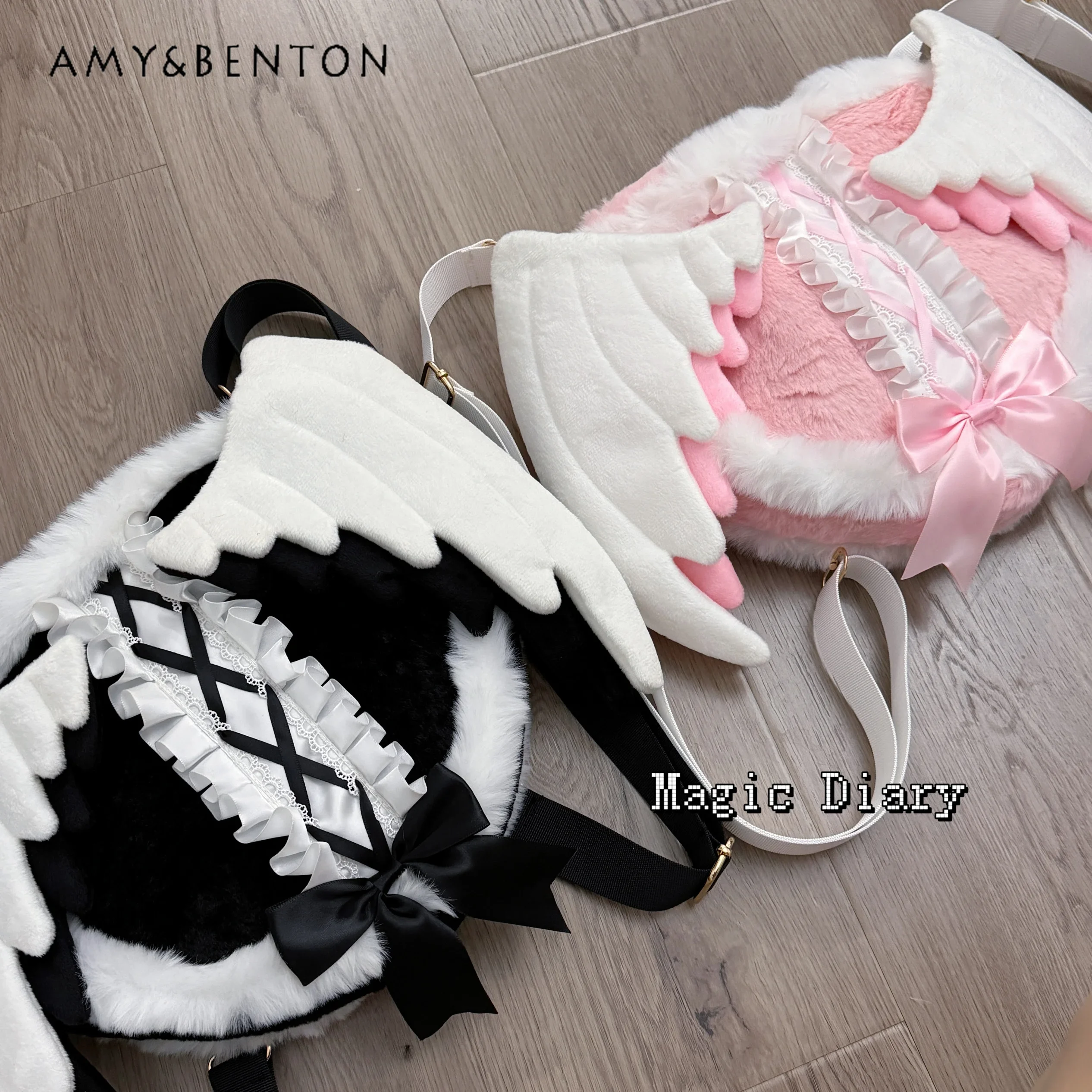 Japanese Sweet Angel Wings Mine Series Subculture Single Shoulder Bag Women Cute Plush Splicing Color Preppy Style Mini Backpack