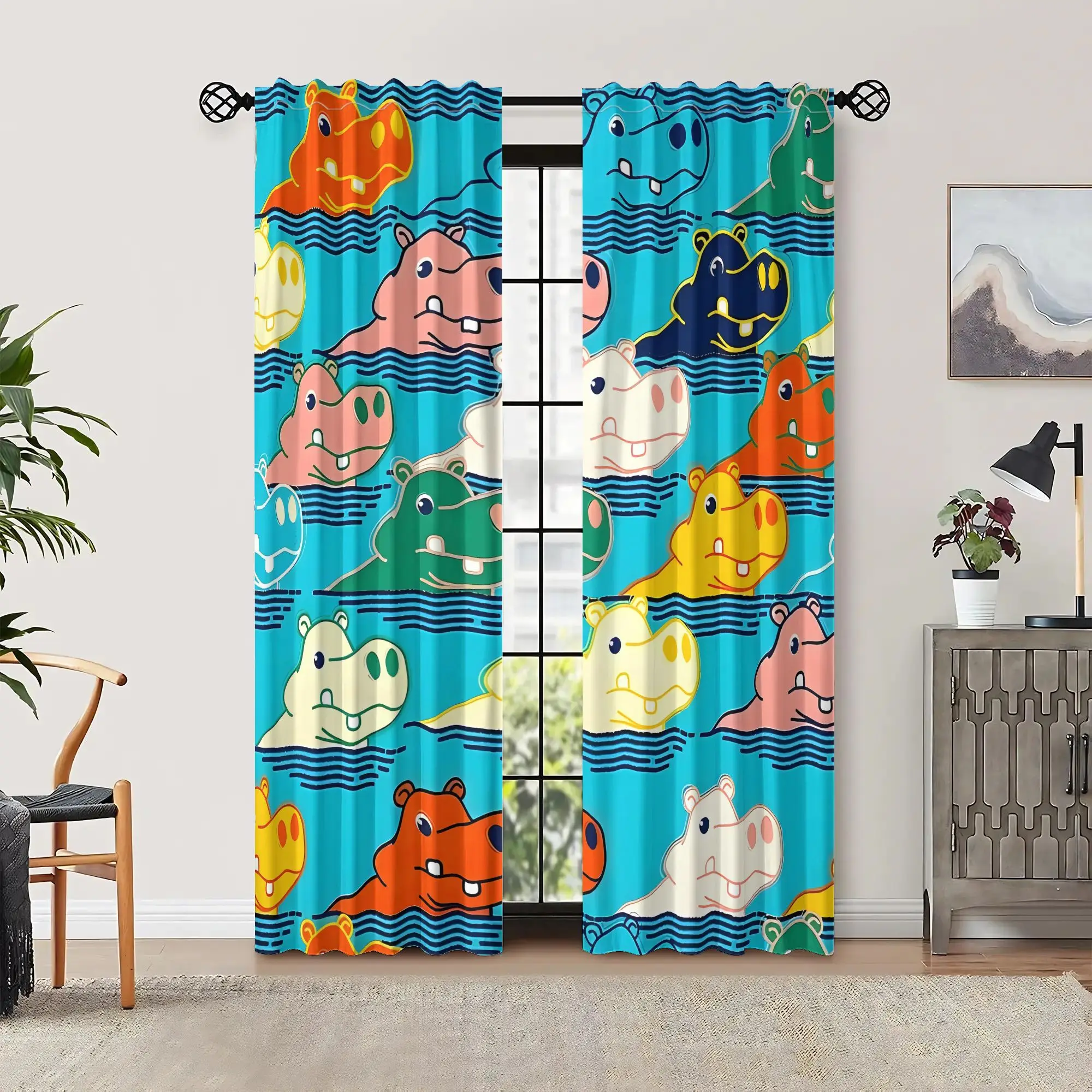 Happy Hippo Animal Pattern Curtains, pole-mounted installation. Suitable for living rooms, bedrooms, dining rooms and hotels.
