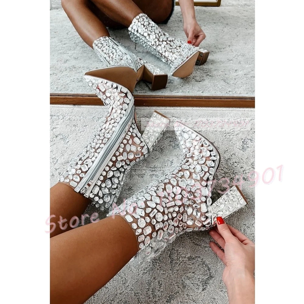 Sparkle Clear Crystal Boots Lady Chunky Heels Mid Calf Side Zipper High Heels Shoes Women Pvc Gems Trendy Nifty Big Size Boots