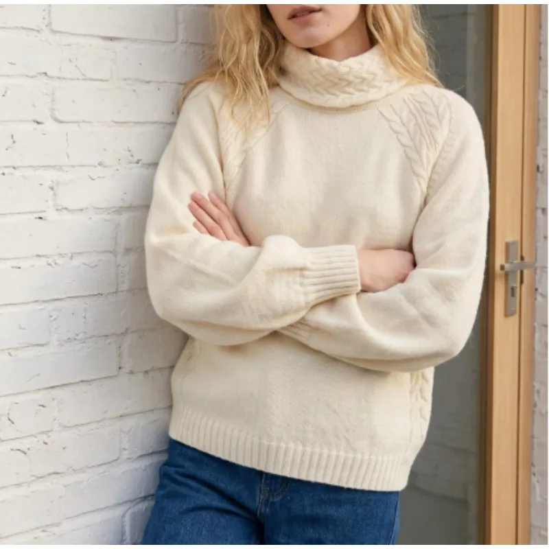 Women's Floral Knitted Sweater Autumn Winter High Collar Princess Sleeve Casual Loose Pullover Fashion