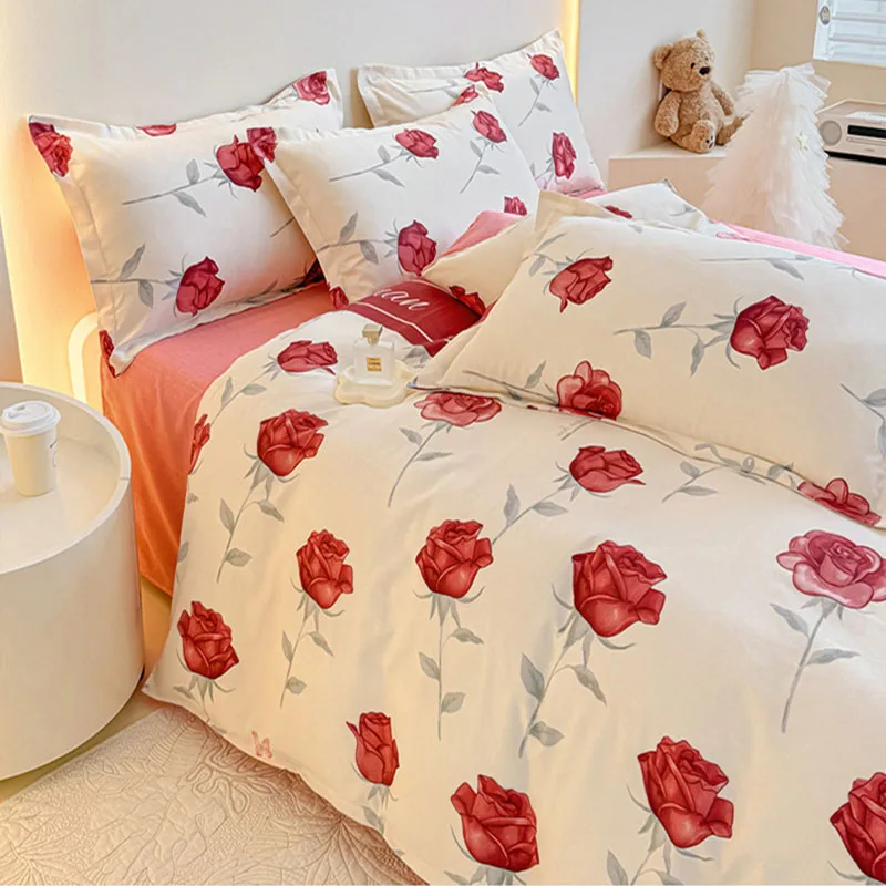 Class A Flower Print Sanding Bedding Set Skin Friendly Sleeping Bedspread Kit for Dormitory Home Full King Queen Bed Linens
