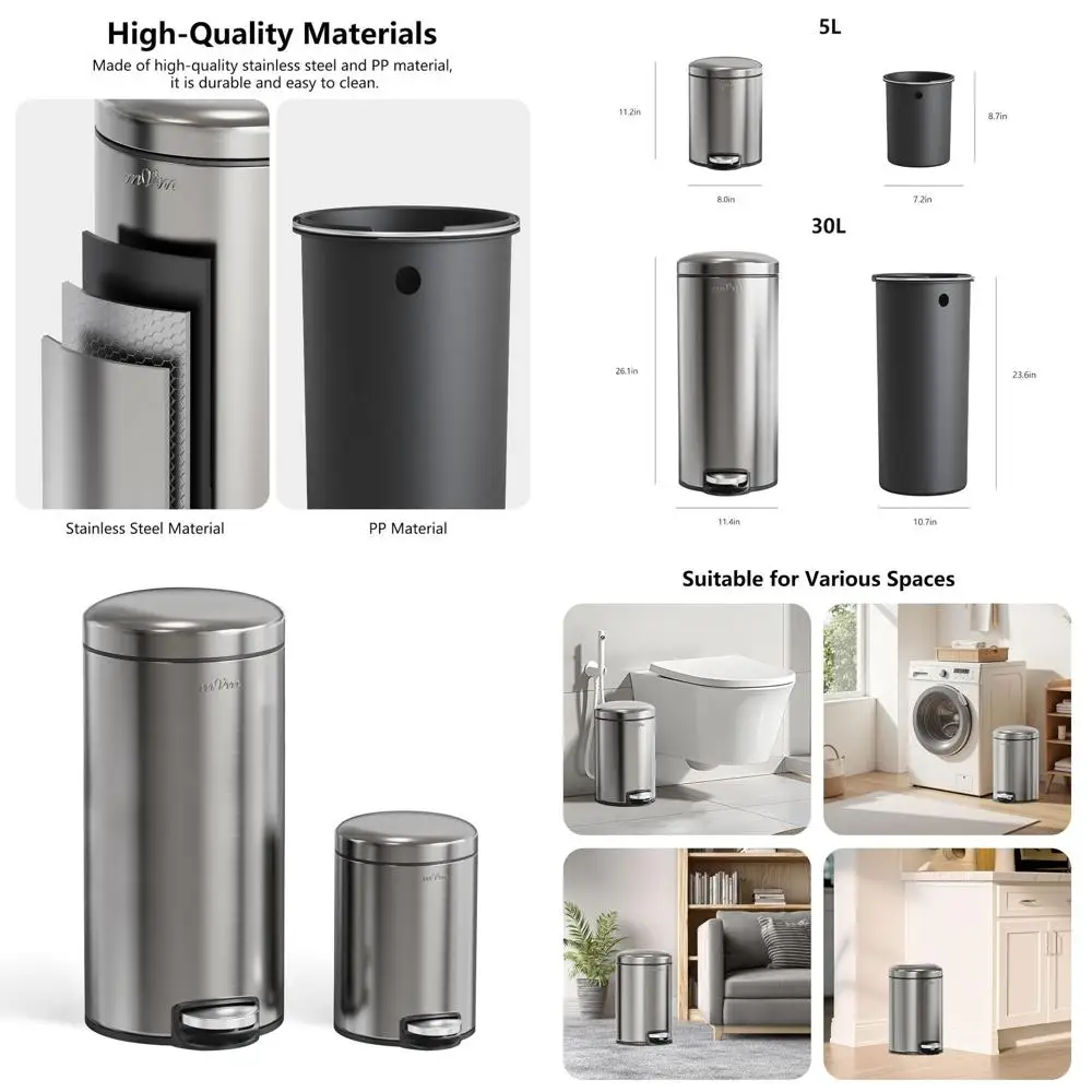 

Набор из двух мусорных баков (8 + 1,3 галлона), с педалью, из матовой нержавеющей стали, с защитой от отпечатков пальцев, с плавным закрыванием, для кухни и ванной комнаты