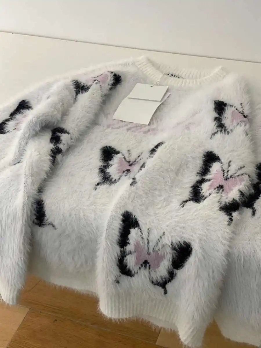 

Женский вязаный пуловер с рисунком бабочки, свитер из мохера Harajuku, винтажный свободный кашемировый свитер из норки Y2k, осень 2000-х годов