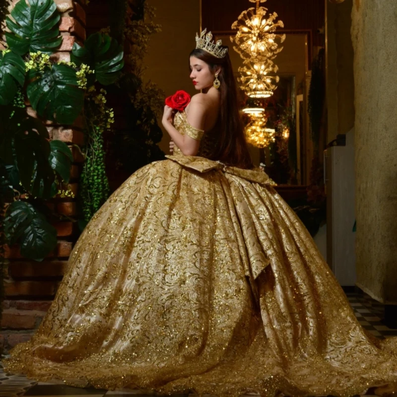 Champagner glänzende Quinceanera-Kleider, schulterfrei, Pailletten-Applikation, Spitze, Perlen, Schleife, Tüll, Korsett, Party, Geburtstag, süßes 16-Kleid