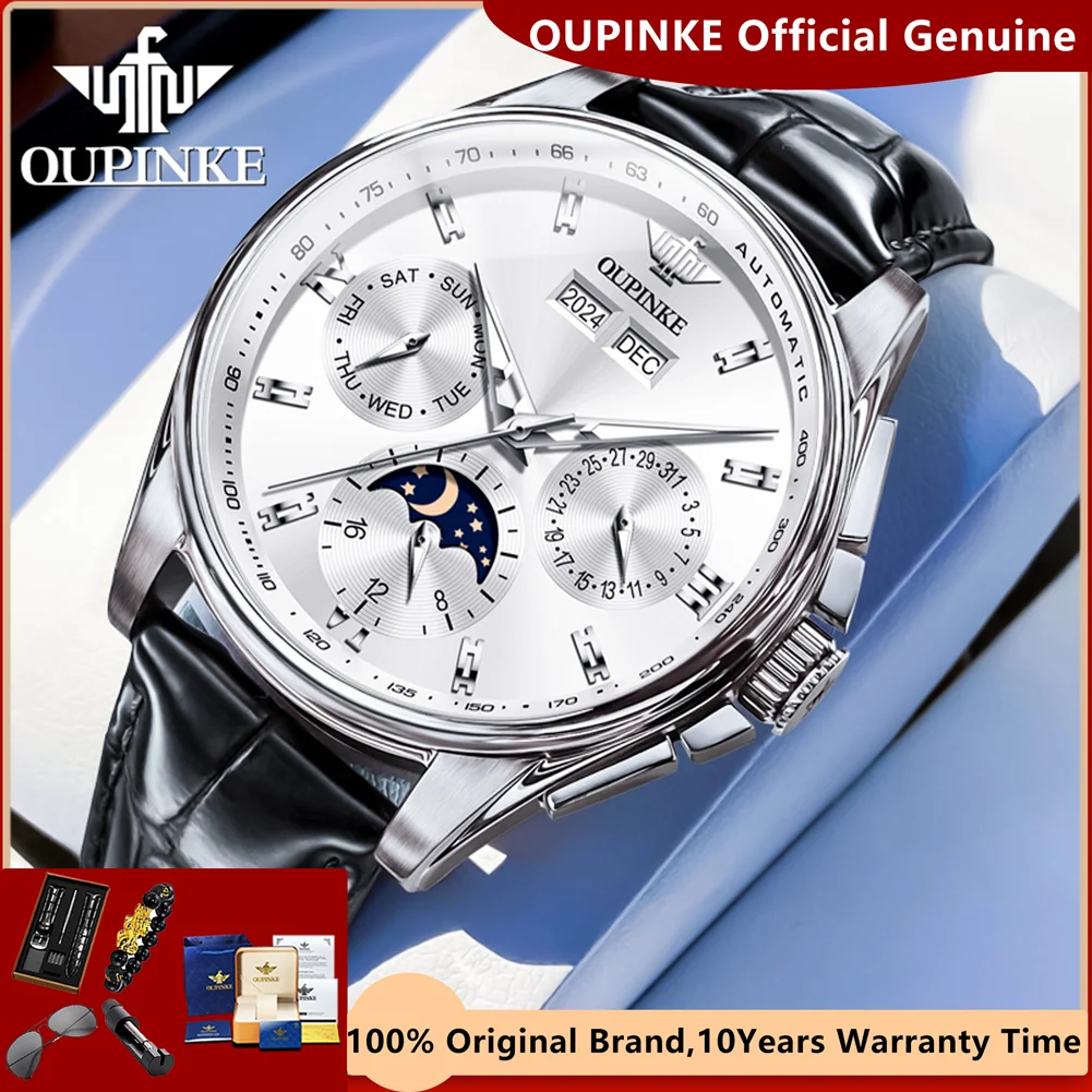 OUPINKE Luxury Men‘s Watch Chronograph Automatic Mechanical Watches Leather Band Waterproof Moon Phase Wristwatch 2023 Top Brand