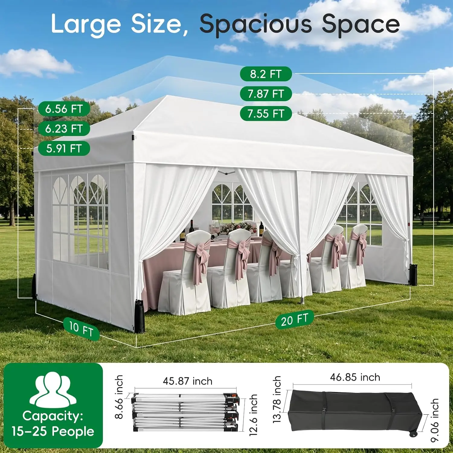 10x20 Pop up Canopy Tent with 6 Sidewalls, Outdoor Canopy with Windows & Roller Bag, Party Tent for Commercial, Customized