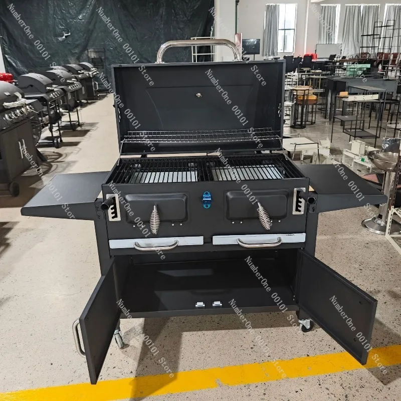 Large American Style Camping Charcoal Grill, Thickened Square Outdoor Smoker for Courtyard Garden and Home Barbecue