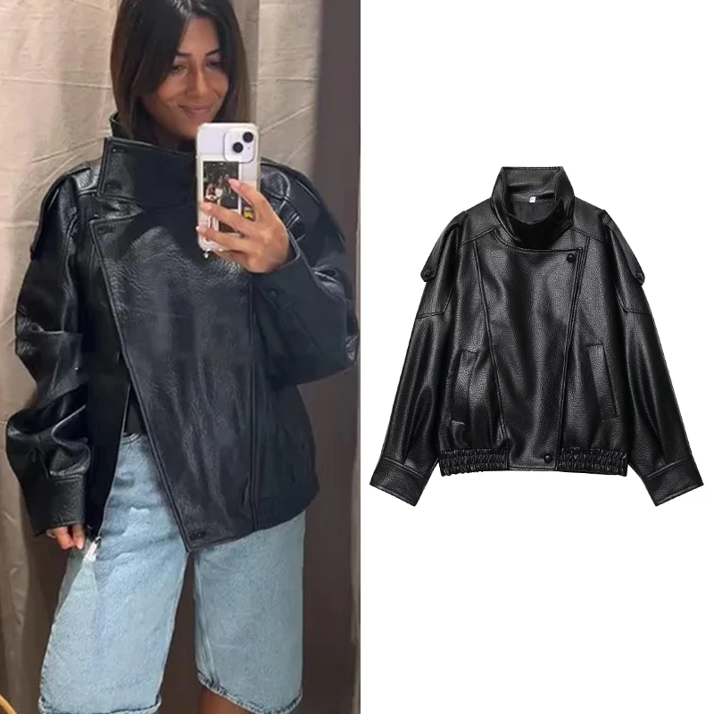 2026 autumn and winter streetwear chic black synthetic leather jacket women's long sleeved elastic oversized jacket