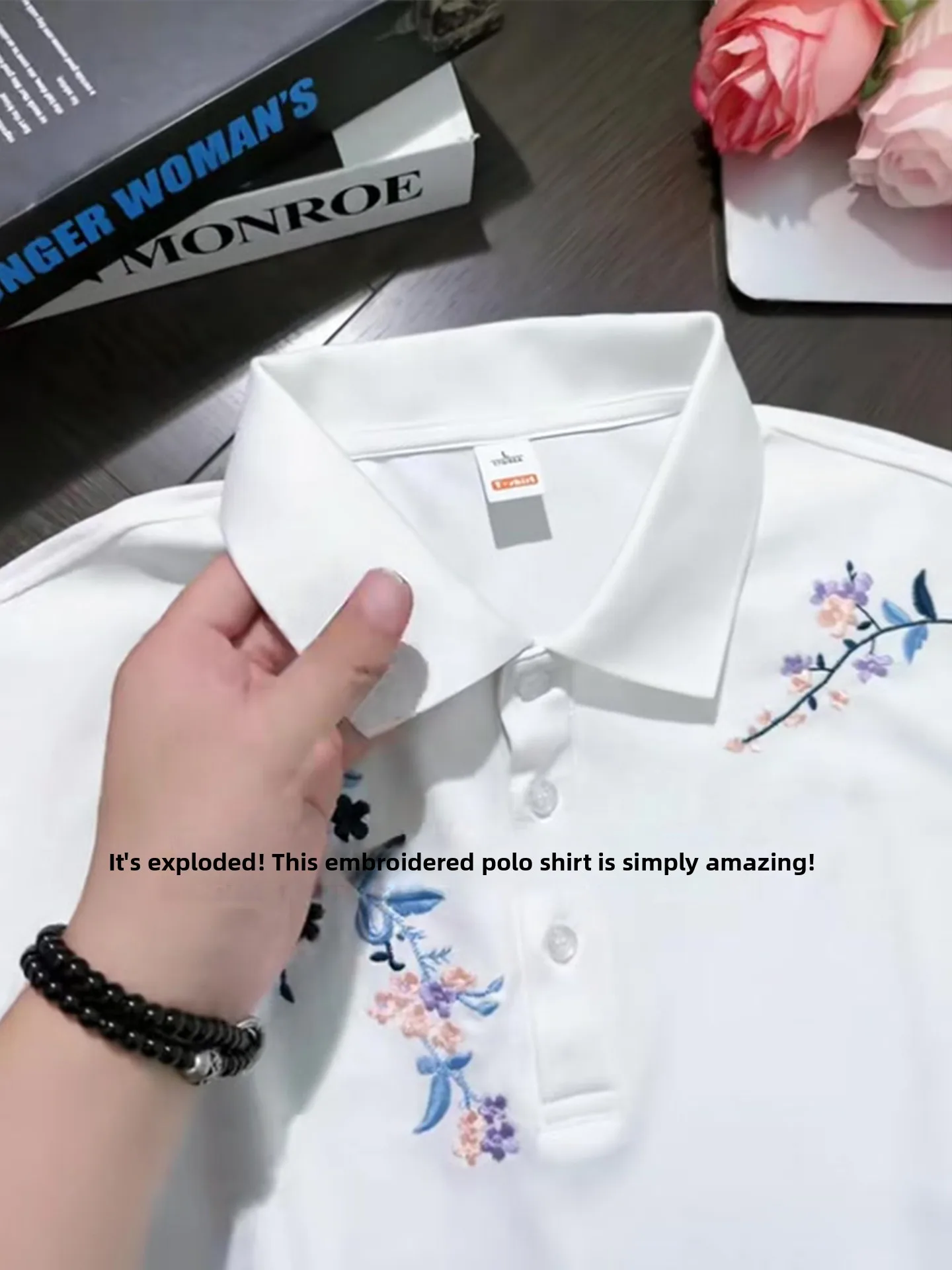Elegant Embroidered White Short Sleeve  Shirt Men's Summer Heavyweight T-Shirt American High-End Feel Half Sleeve Turn-do...