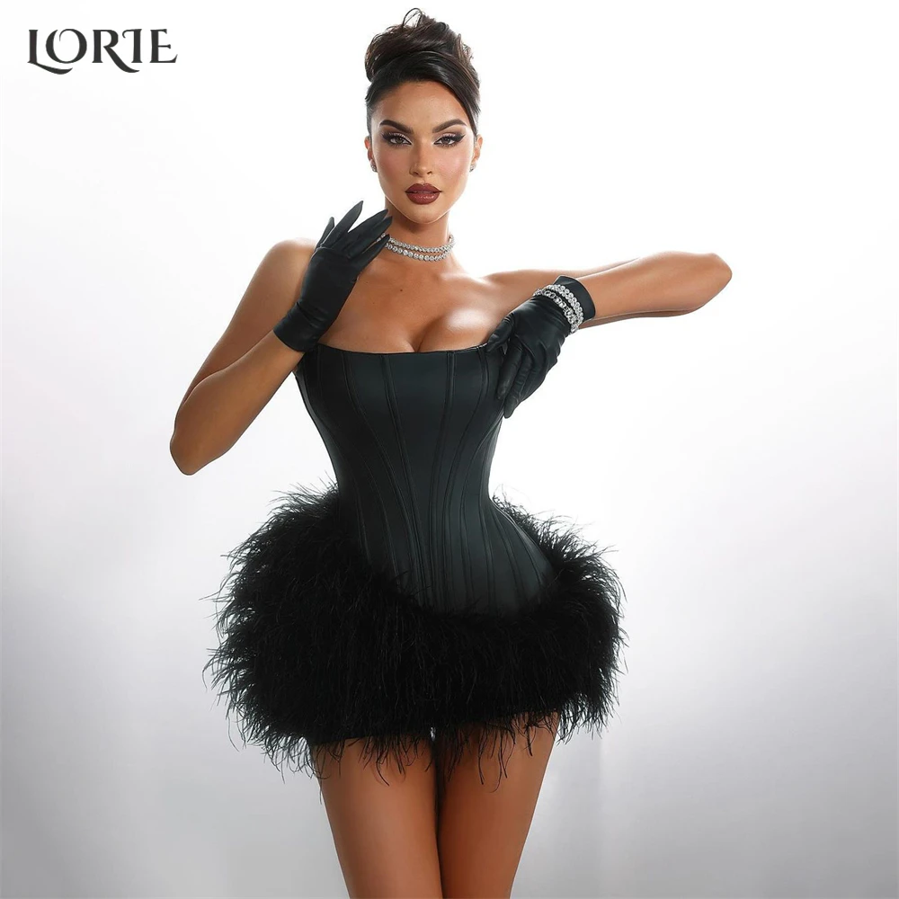 

LORIE Sexy Black Evening Dresses Off Shoulder Mini Feathers Sleeveless Backless Prom Dress Clubbing Cocktail Party Gown No Glove