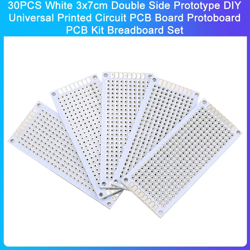 Duplo lado protótipo PCB Kit, Universal placa de circuito impresso, DIY Breadboard Set, branco, 3x7cm, 30pcs