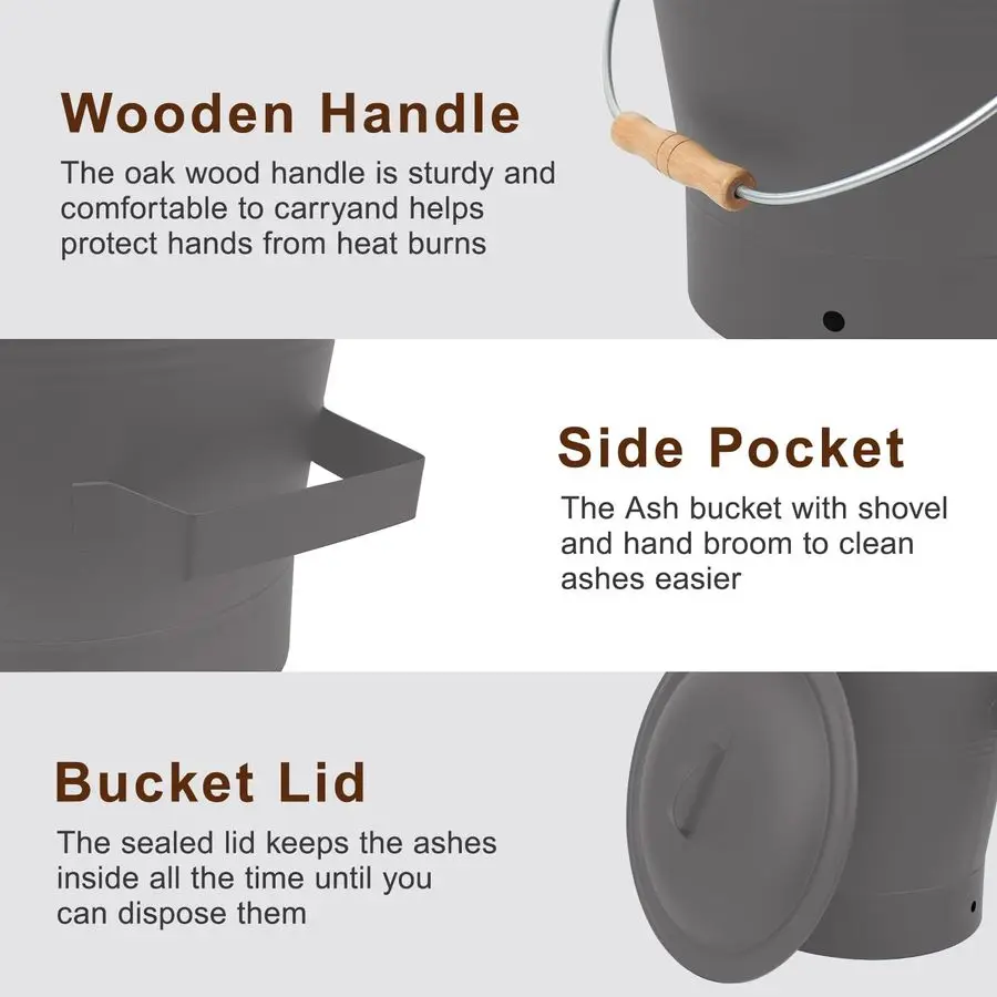 دلو رماد بغطاء، دلو رماد للمدفأة سعة 2.6 جالون مع مجرفة ومكنسة يدوية، دلو معدني للمدفأة، حفرة نار، حرق الخشب