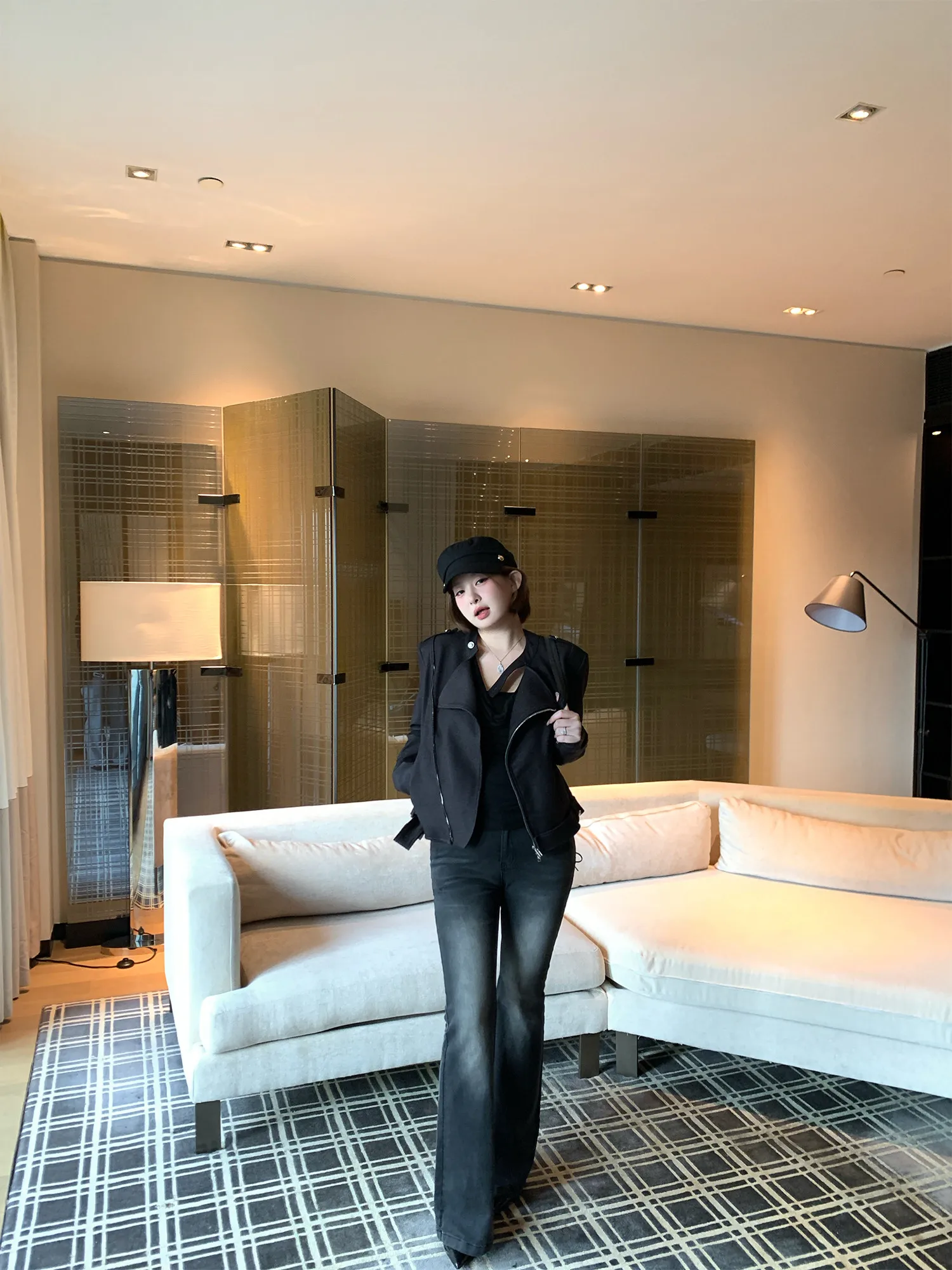 

Chic Bla ort Coat Women's Slimming Waist Design Commute Sle Asymmetric Zipper Closure Long Sve Regular Length Coat