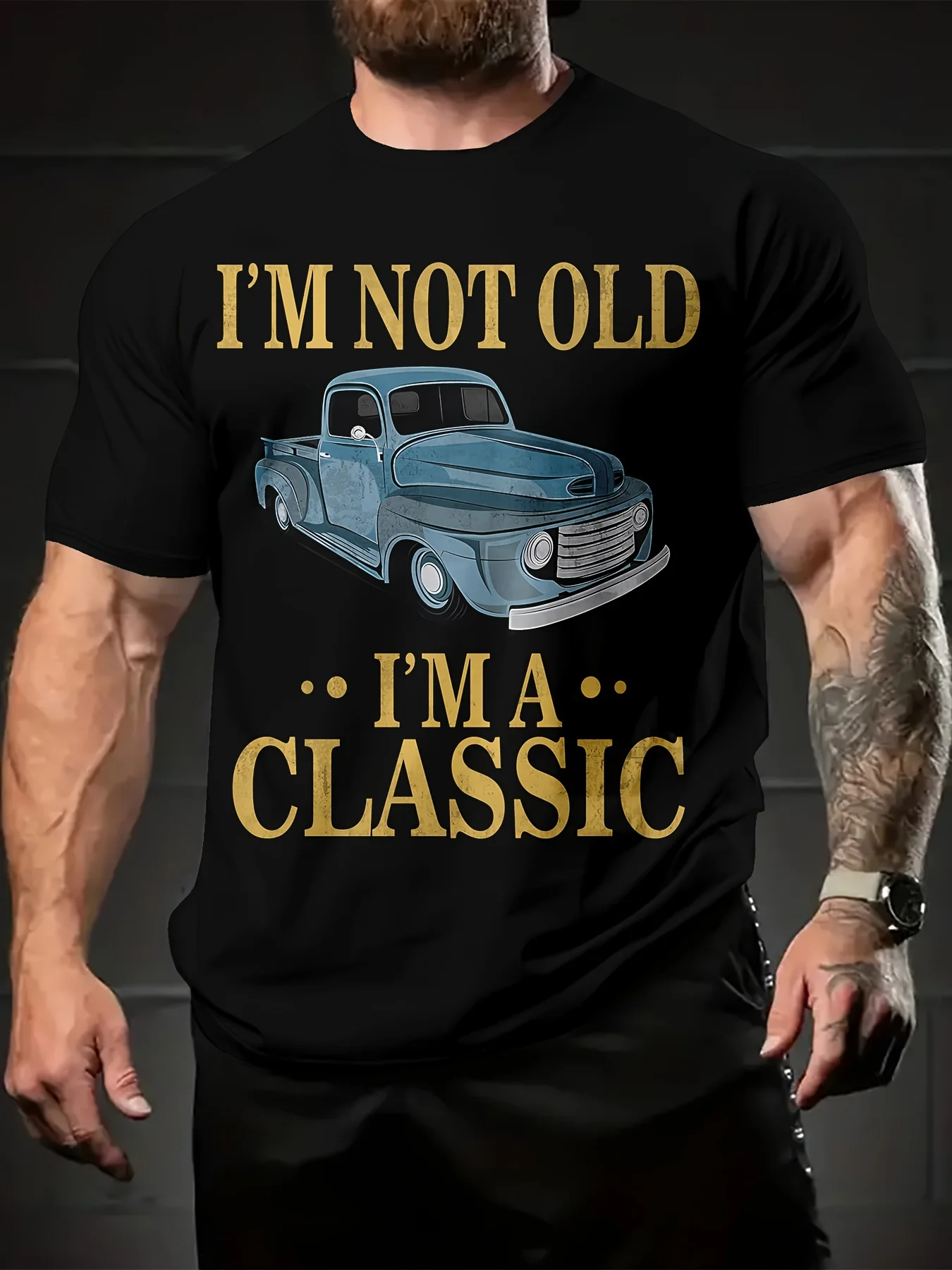 Letter car pattern front print, men's short sleeved T-shirt