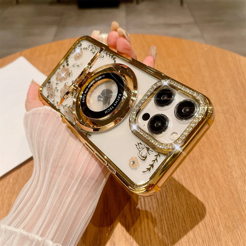 Luxury Flower  15pro Max Case Magsafe Bracket Glitter Diamond 14 15Plus For iPhone 14 11 12 15 13 Pro Max Case Transparent Cover