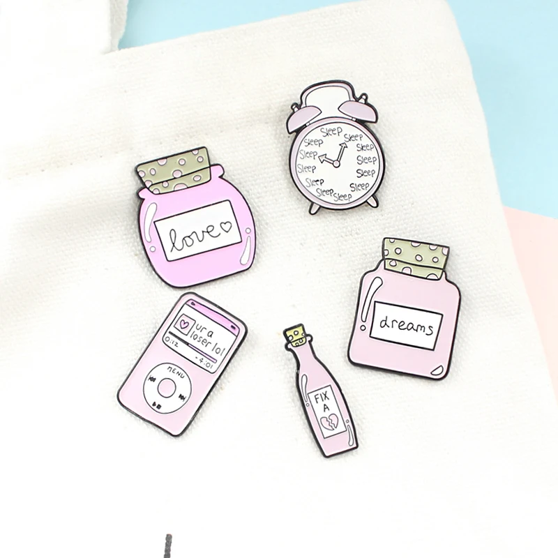 series Brooch Cute Clock Music player MP3 Fix Love Dream Bottle Enamel pins For women Kids Lapel Pins Shirt Gift 5 Styles Pink