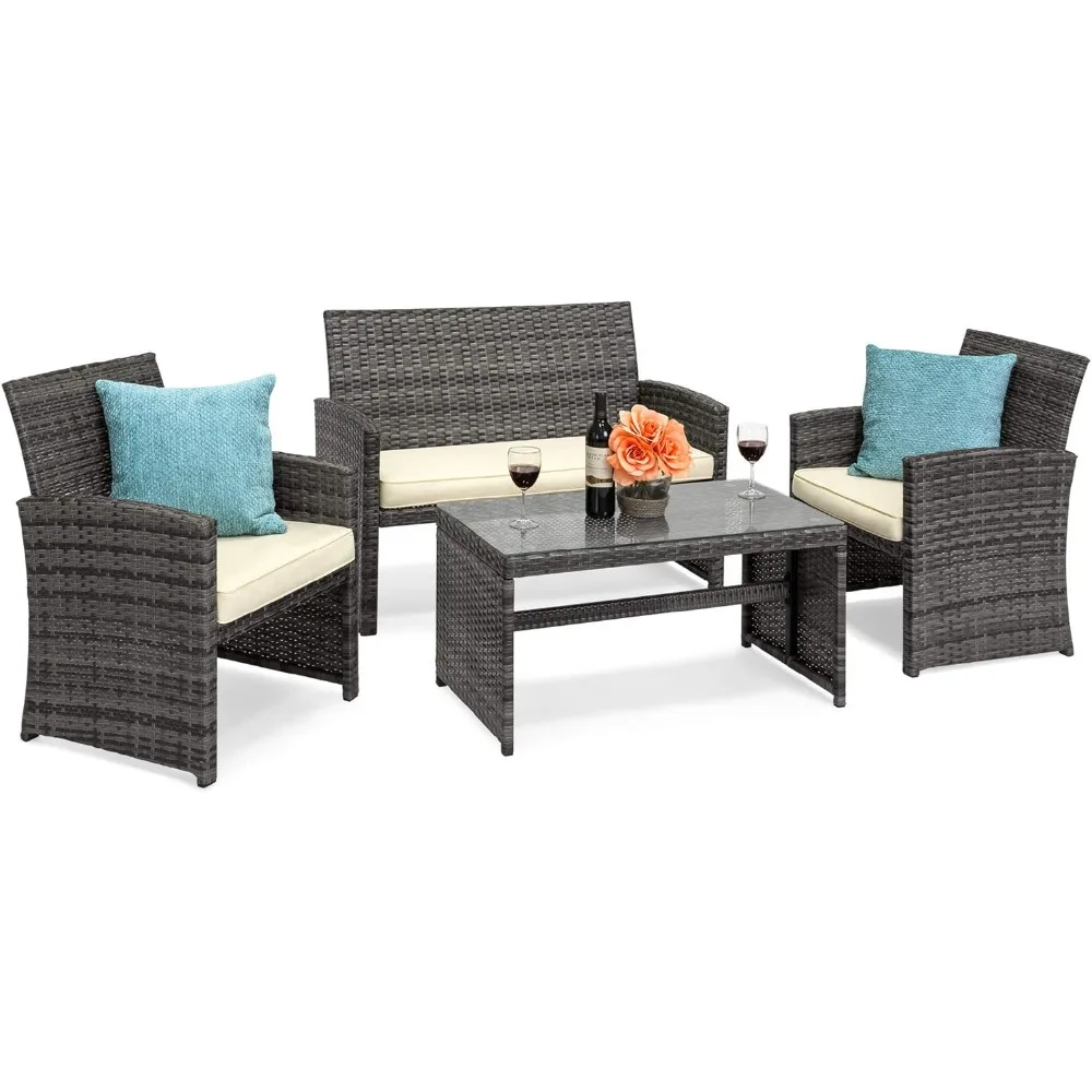 

4-Piece Outdoor Wicker Patio Conversation Furniture Set for Backyard w/Coffee Table, Seat Cushions - Gray/Cream
