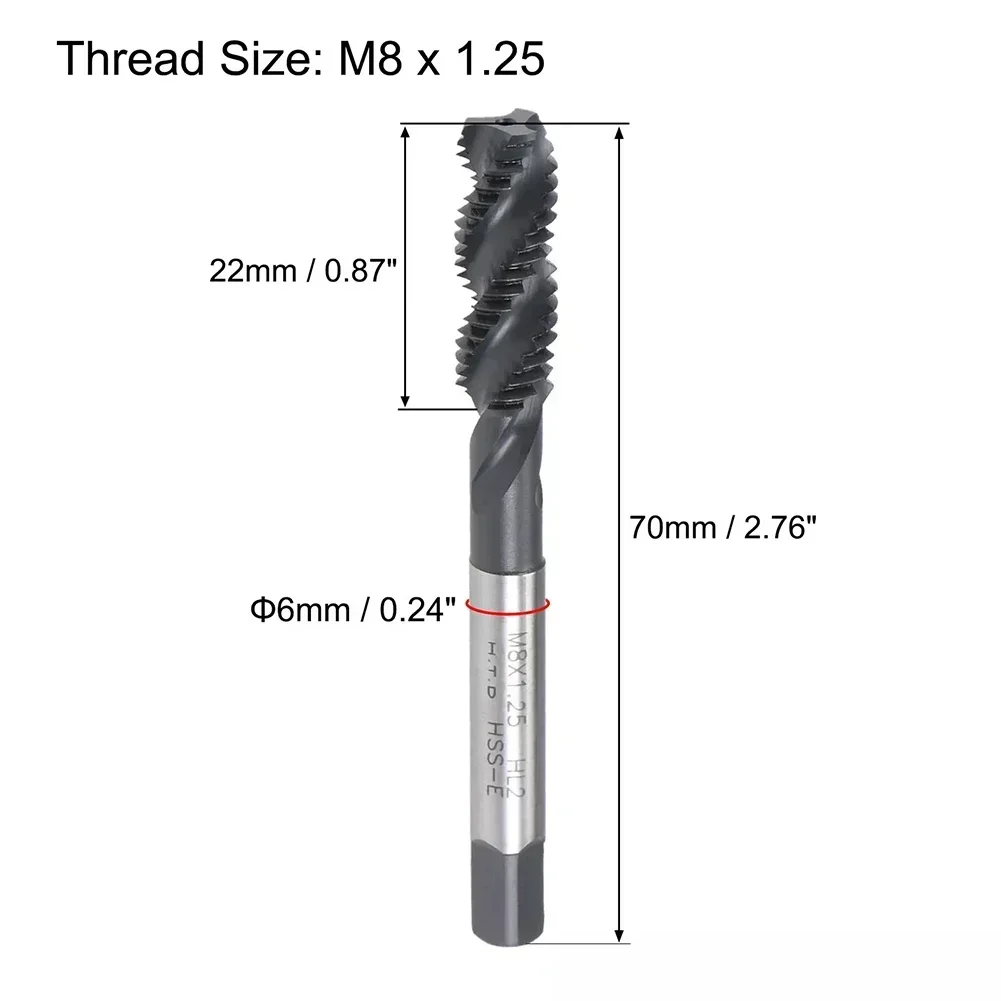 2 uds M8 X 1,25 grifo de flauta en espiral máquina métrica grifo de rosca mano derecha HSS grifo estriado en espiral 22mm longitud de rosca fresadoras