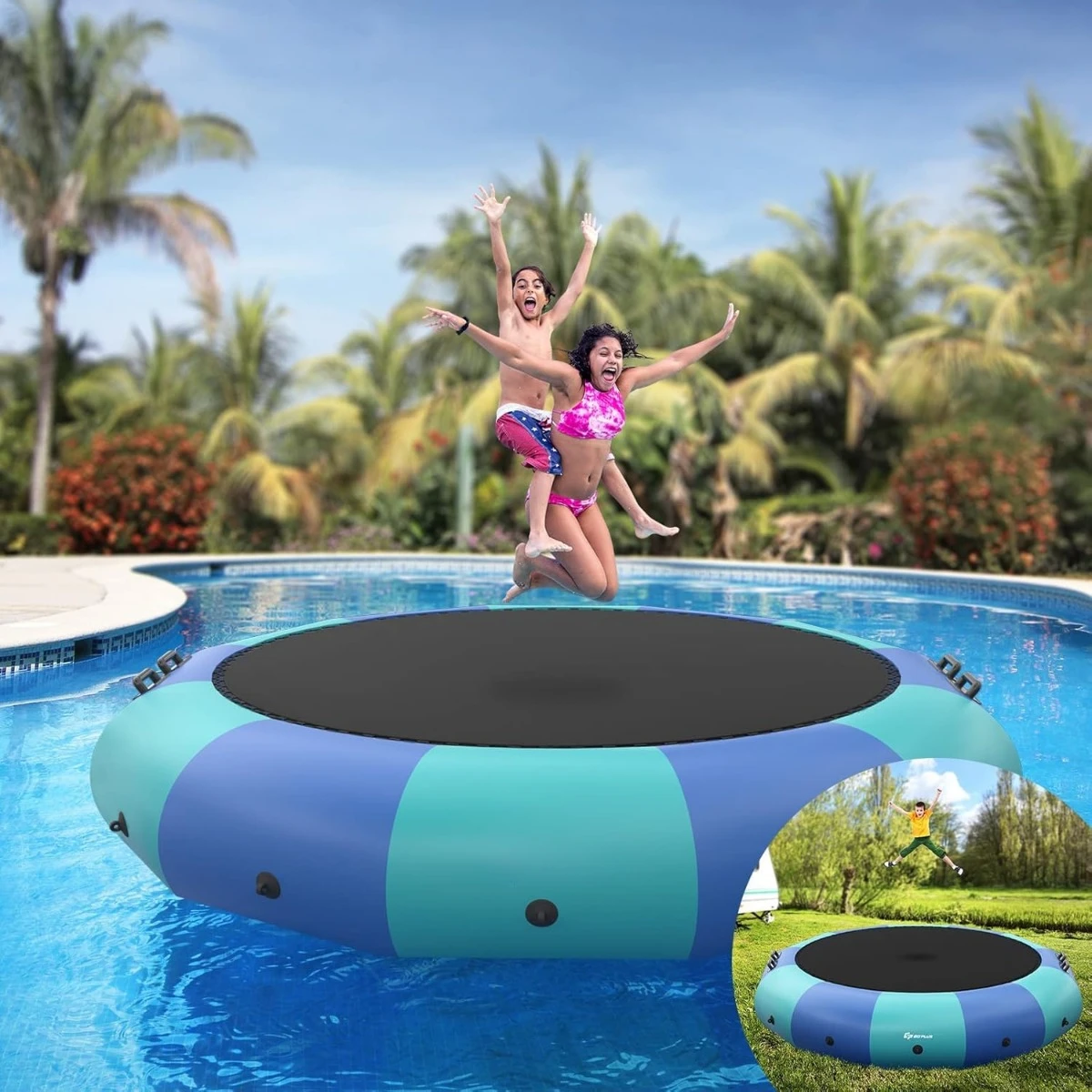 Inflatable Water Trampoline, 12FT Recreational Water Bouncer W/Electric Inflator, Rope Ladder, Mooring Ropes, Anchor