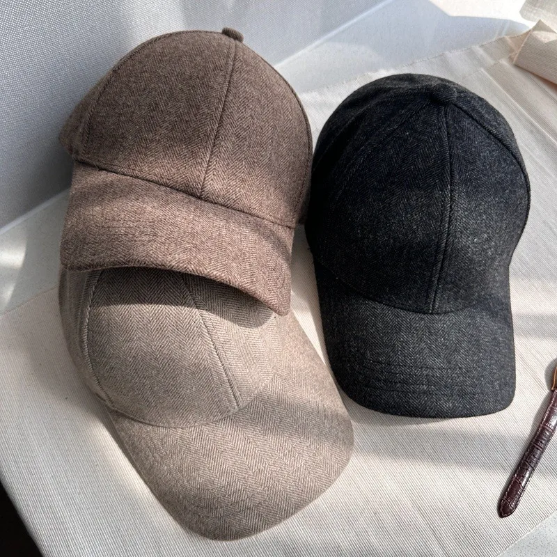 Unisex Winter Structured Wool Herringbone Baseball Cap Wide Brim Slim Face Hat