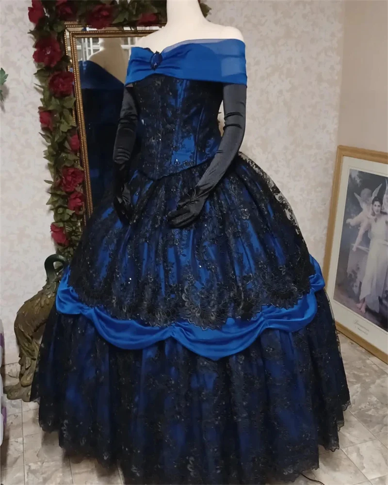 Vestido de noche gótico de encaje hasta el suelo, vestido de fiesta de princesa con hombros descubiertos, negro y azul real, ropa Formal Vintage personalizada